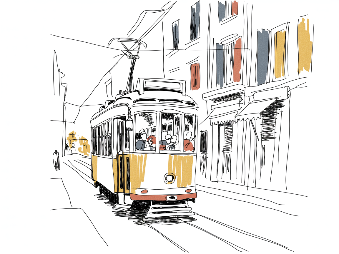 Building Drawing Ideas Loose sketch of a yellow streetcar moving through a narrow city street with passengers inside, overhead wires, and simple colored shutters.