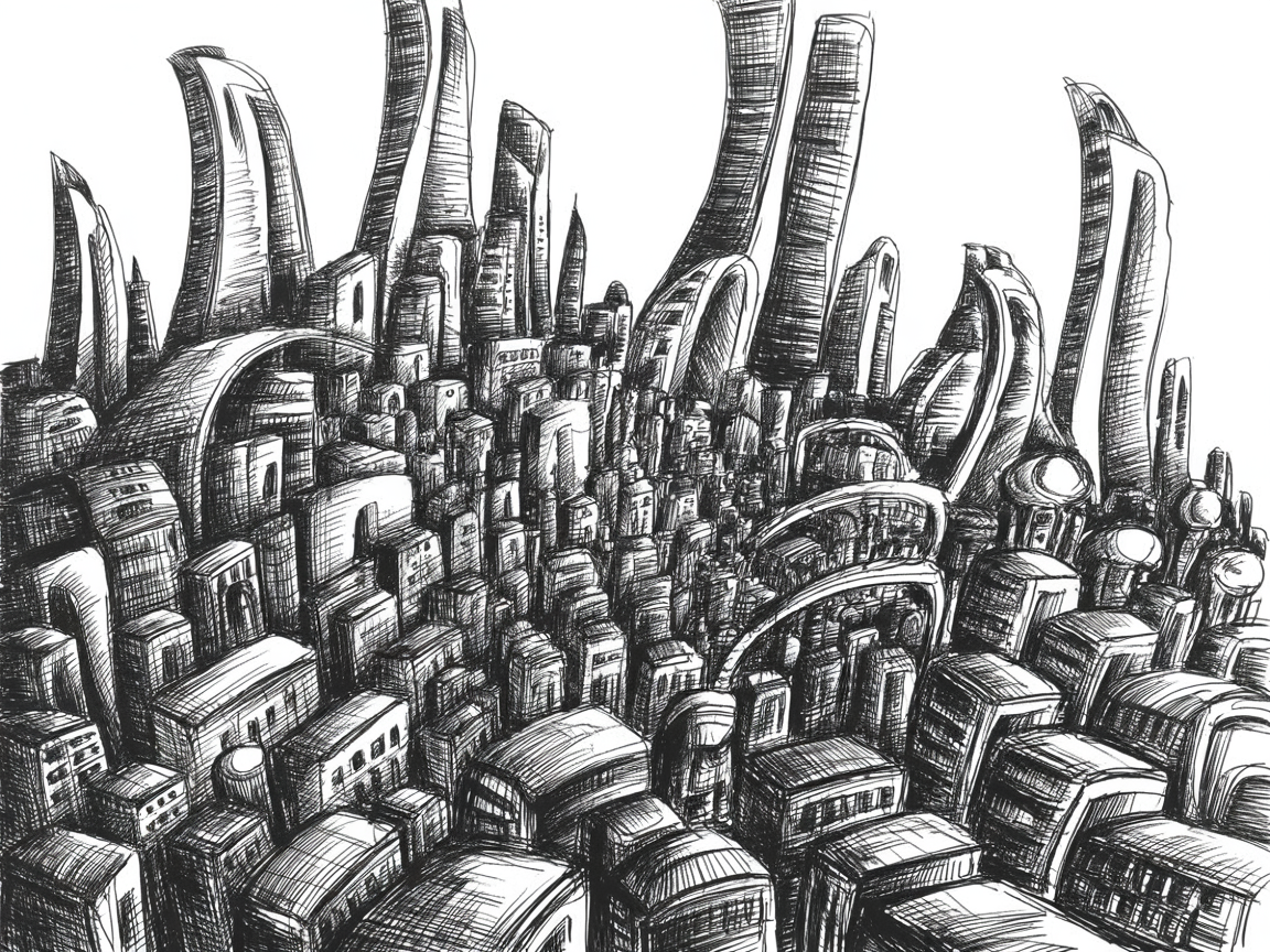 Building Drawing Ideas Black-and-white pen sketch of a dense futuristic city with curved skyscrapers and arched bridges in deep perspective.