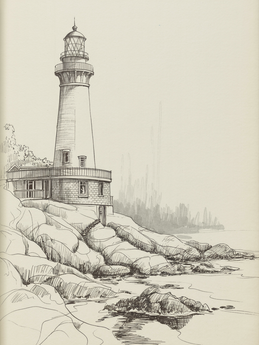 Building Drawing Ideas Ink drawing of a lighthouse perched on rocky coast with steps and tide pools beside a quiet sea.