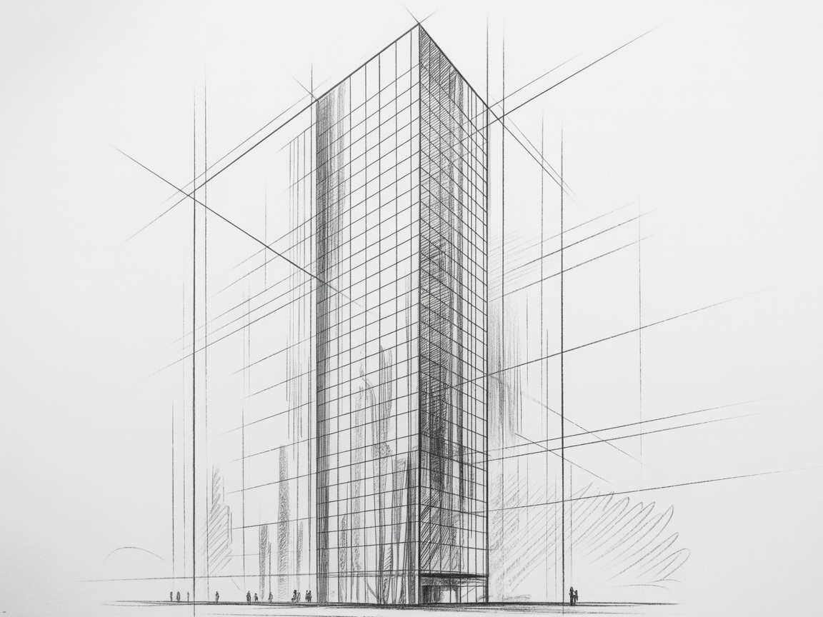 Building Drawing Ideas Pencil sketch of a tall skyscraper in two-point perspective with a grid of windows, long guide lines, and tiny figures at the base.