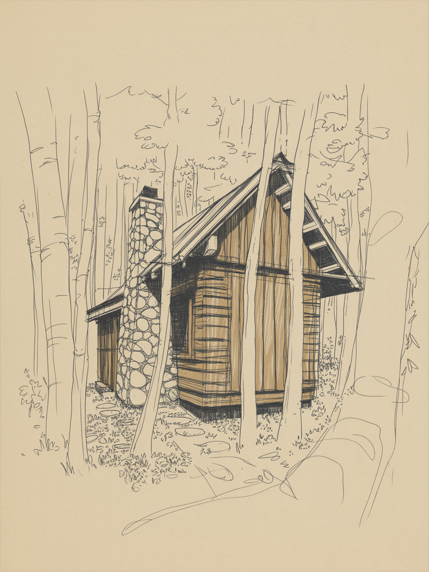 Building Drawing Ideas Ink sketch of a small wood-and-stone cabin nestled among tall slender trees, viewed at a three-quarter angle.