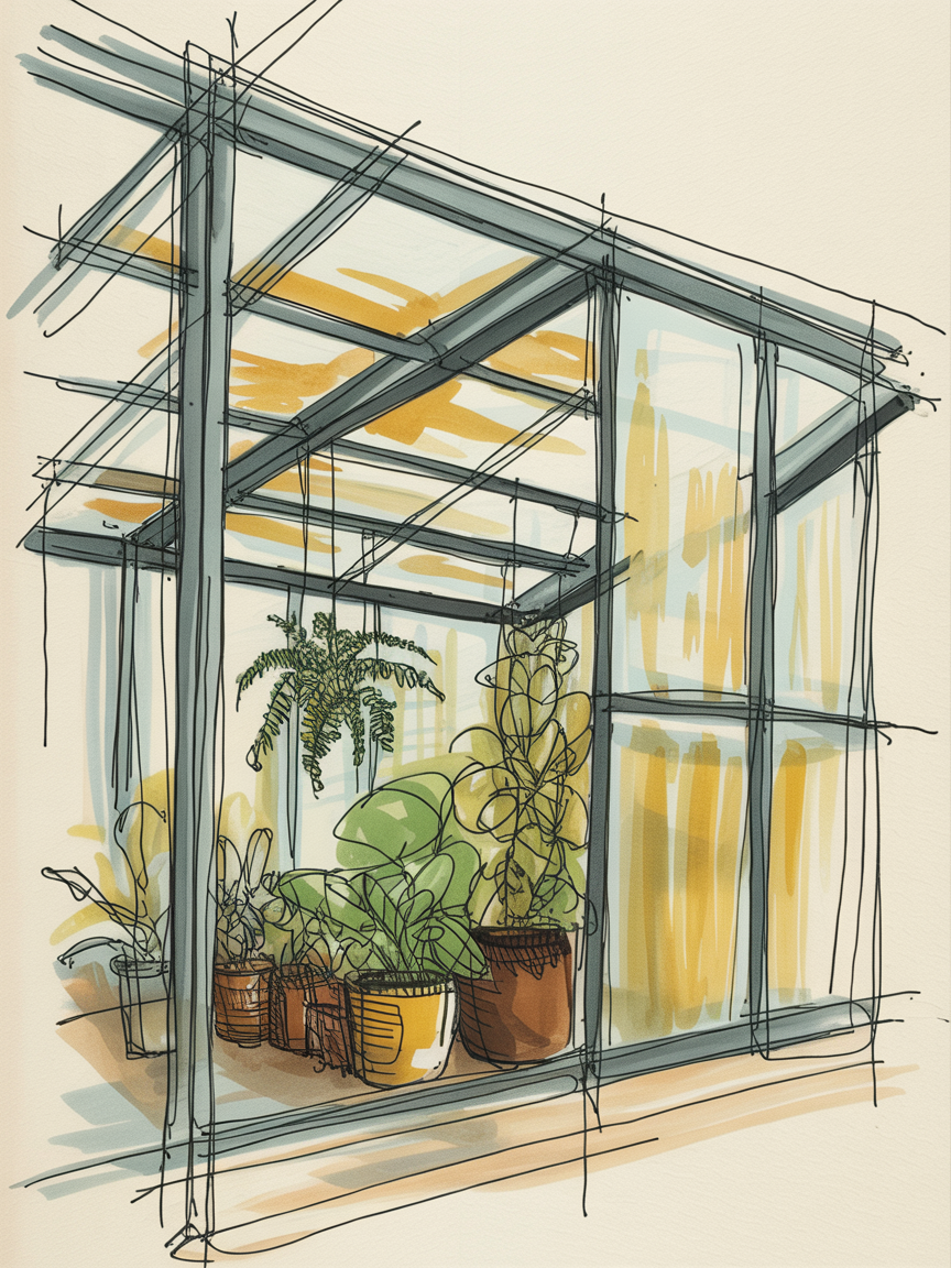 Building Drawing Ideas A loose sketch of a glass sunroom with potted plants and a hanging fern, lit by warm yellow light through steel-like frames.