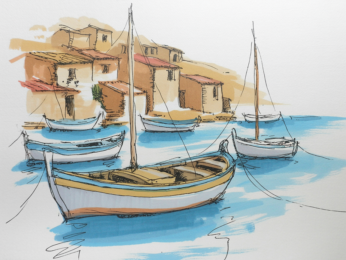 Building Drawing Ideas Sketch of small boats moored on blue water in front of tan seaside houses with red roofs.