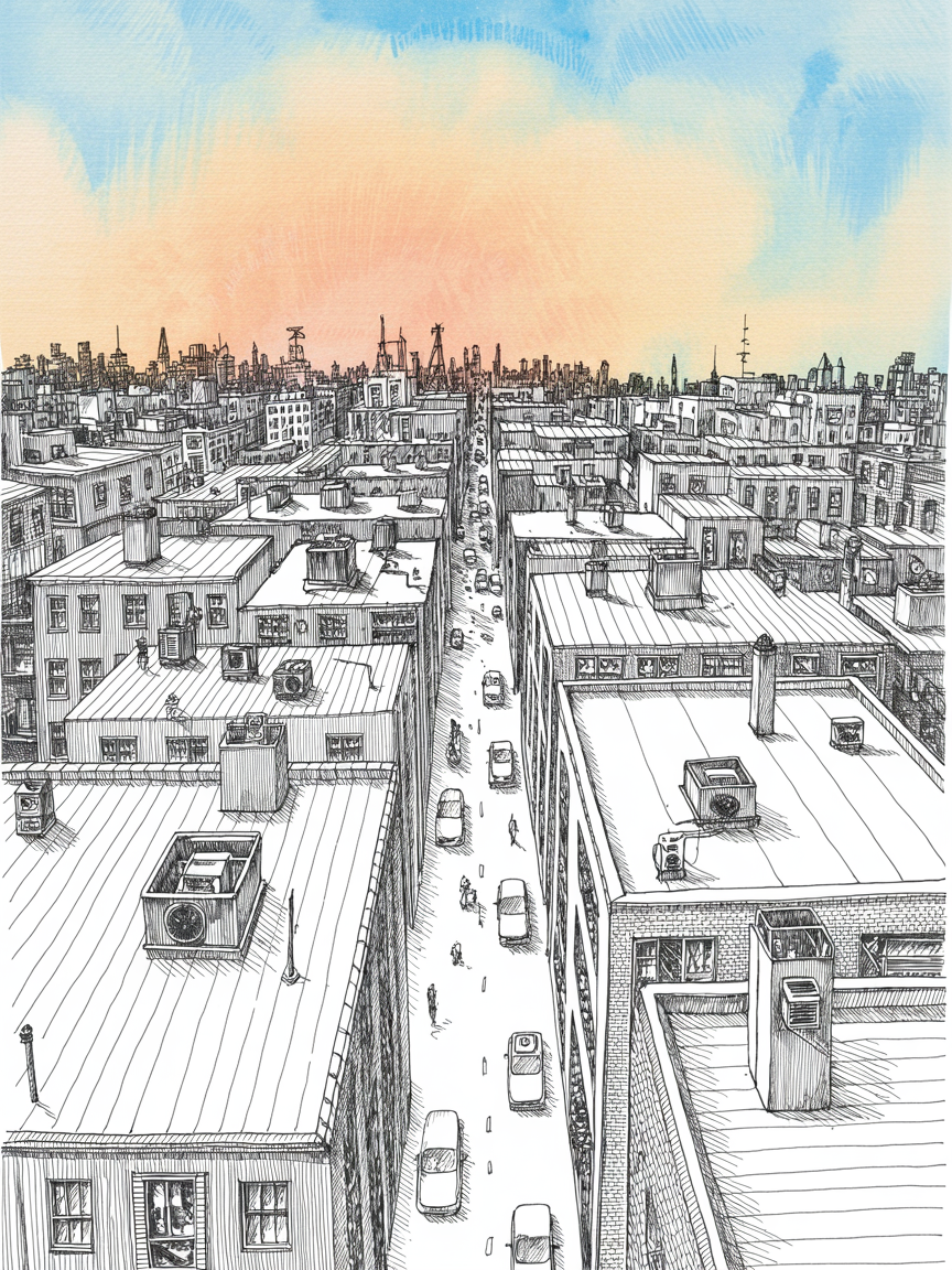 Building Drawing Ideas A hand-drawn cityscape from a rooftop view shows a long narrow street lined with buildings and cars under a peach and blue sky.