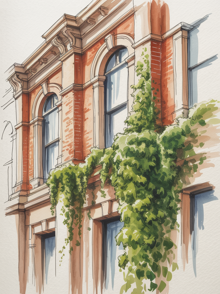 Building Drawing Ideas Watercolor-style sketch of a brick building with arched windows and cascading green ivy in warm light.