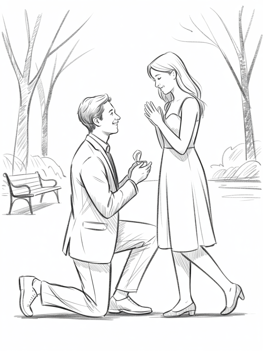 Heartfelt Engagement Drawing Ideas, a pencil sketch of a proposal in a park with a man kneeling and offering a ring to a woman, framed by trees and a bench.