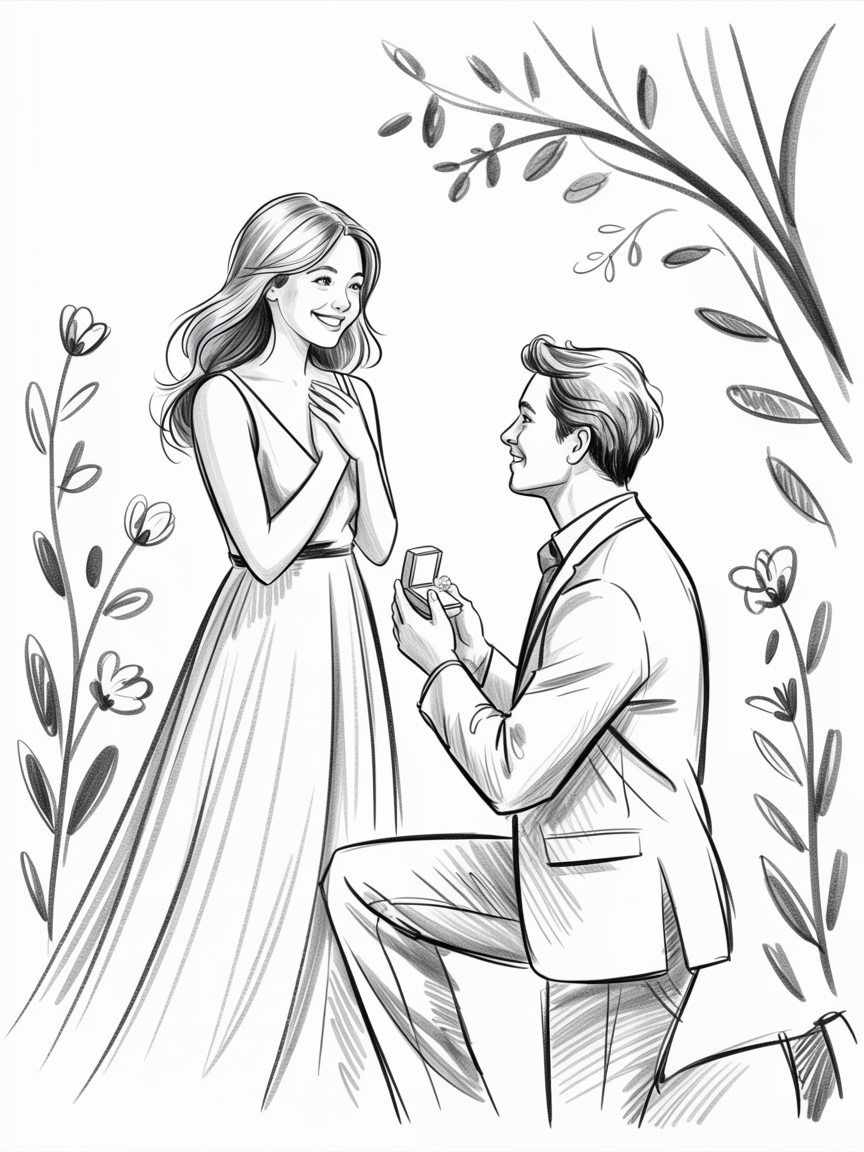 Heartfelt Engagement Drawing Ideas, black-and-white sketch of a man on one knee proposing with a ring box to a smiling woman in a long gown, framed by simple floral branches.