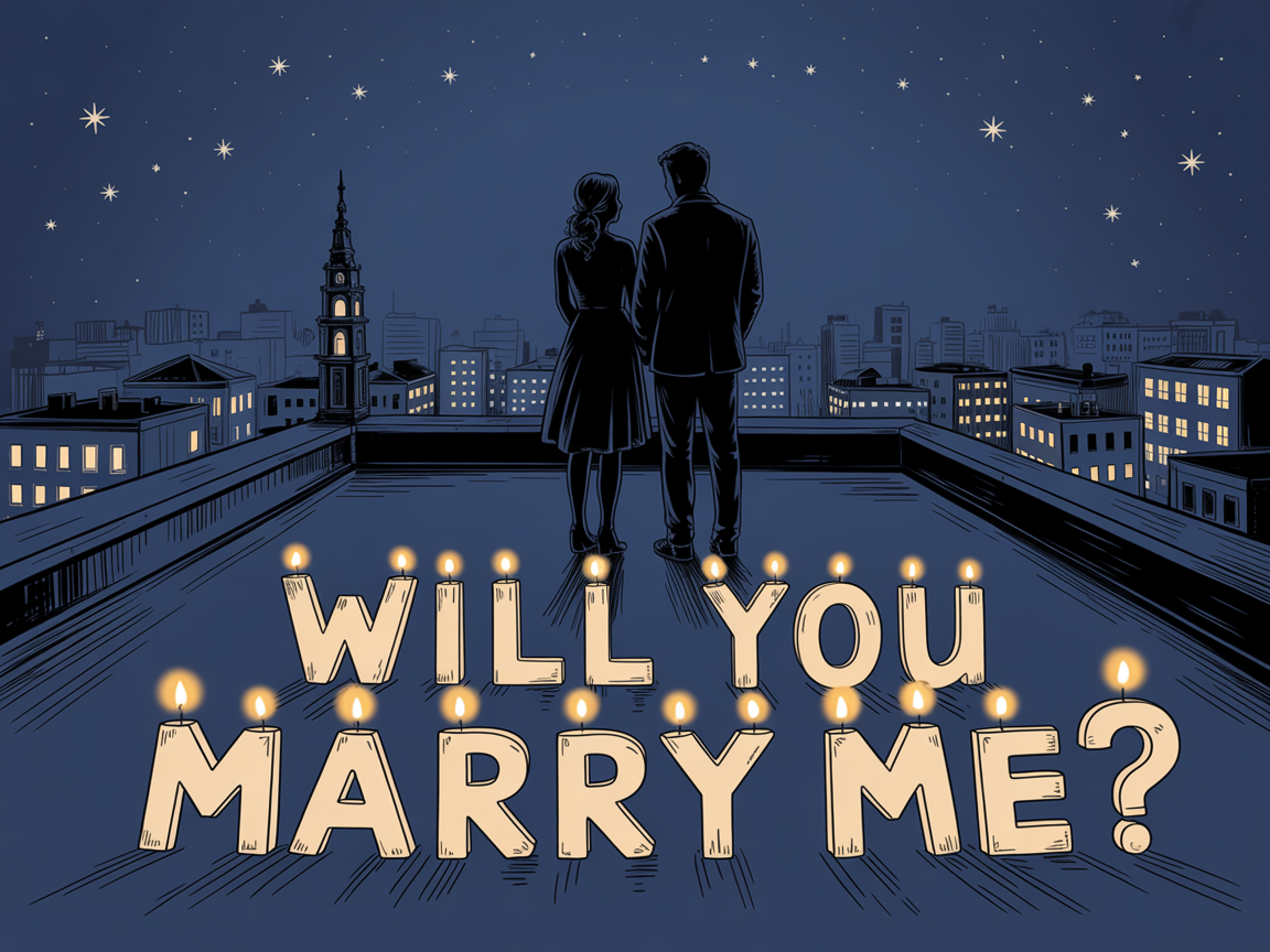 Heartfelt Engagement Drawing Ideas, a rooftop proposal scene with a silhouetted couple facing a city skyline at night, candles glowing on large letters that read Will You Marry Me.