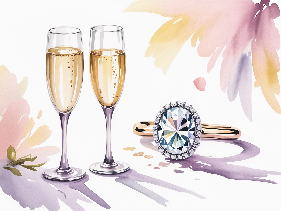 Heartfelt Engagement Drawing Ideas, two champagne flutes of bubbly beside a halo diamond ring on a pastel watercolor backdrop with soft lavender shadows.