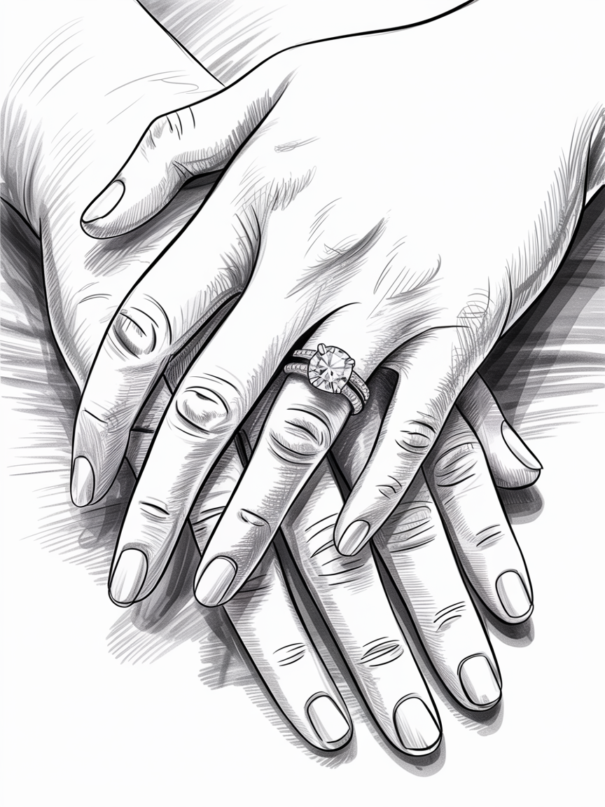 Heartfelt Engagement Drawing Ideas close-up black and white line art of two overlapping hands, one wearing a diamond engagement ring, with soft crosshatching and gentle shadows.