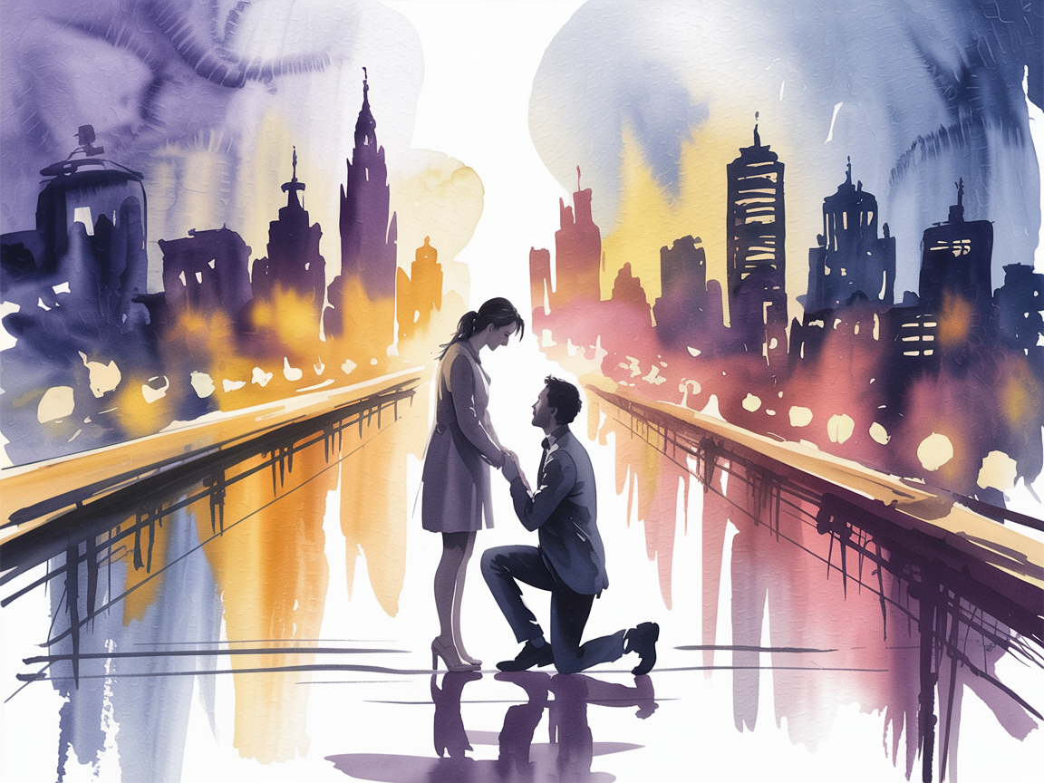 Heartfelt Engagement Drawing Ideas shows a watercolor proposal on a bridge at twilight, with a glowing city skyline and soft reflections.