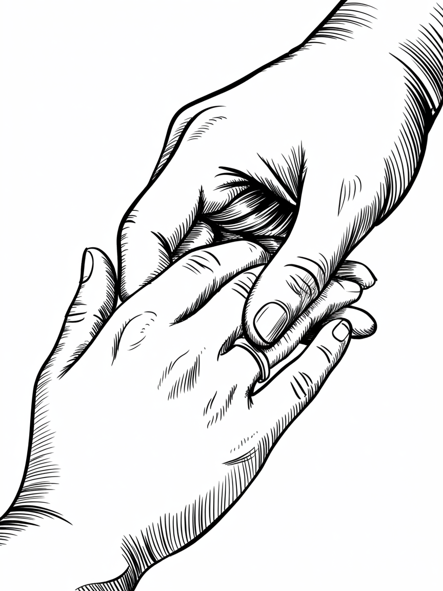 Heartfelt Engagement Drawing Ideas, black and white line art showing one hand placing a ring on another hand, with crosshatching shading and clean negative space.