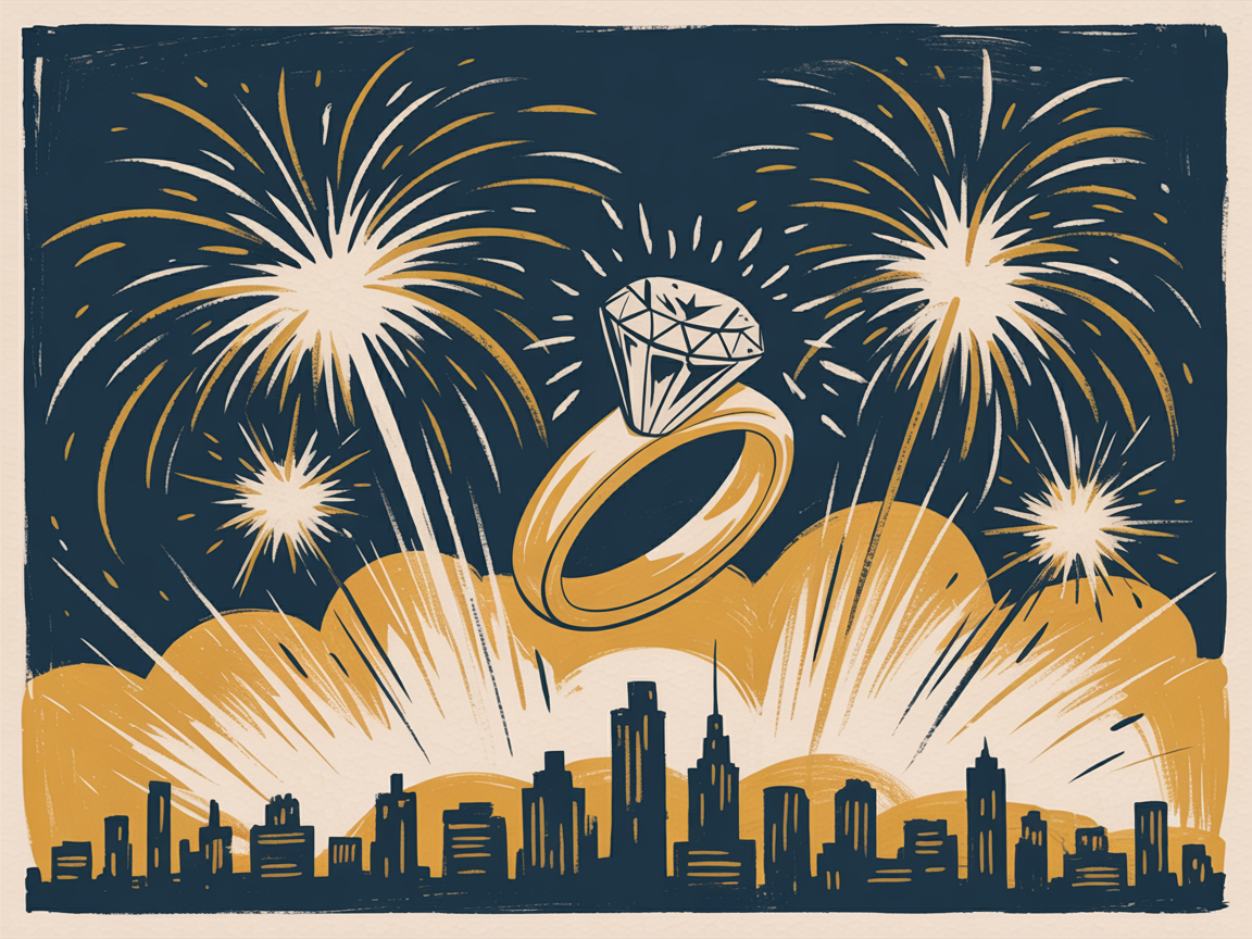Heartfelt Engagement Drawing Ideas, a stylized diamond ring floats above a city skyline with gold and white fireworks against a deep blue night sky.