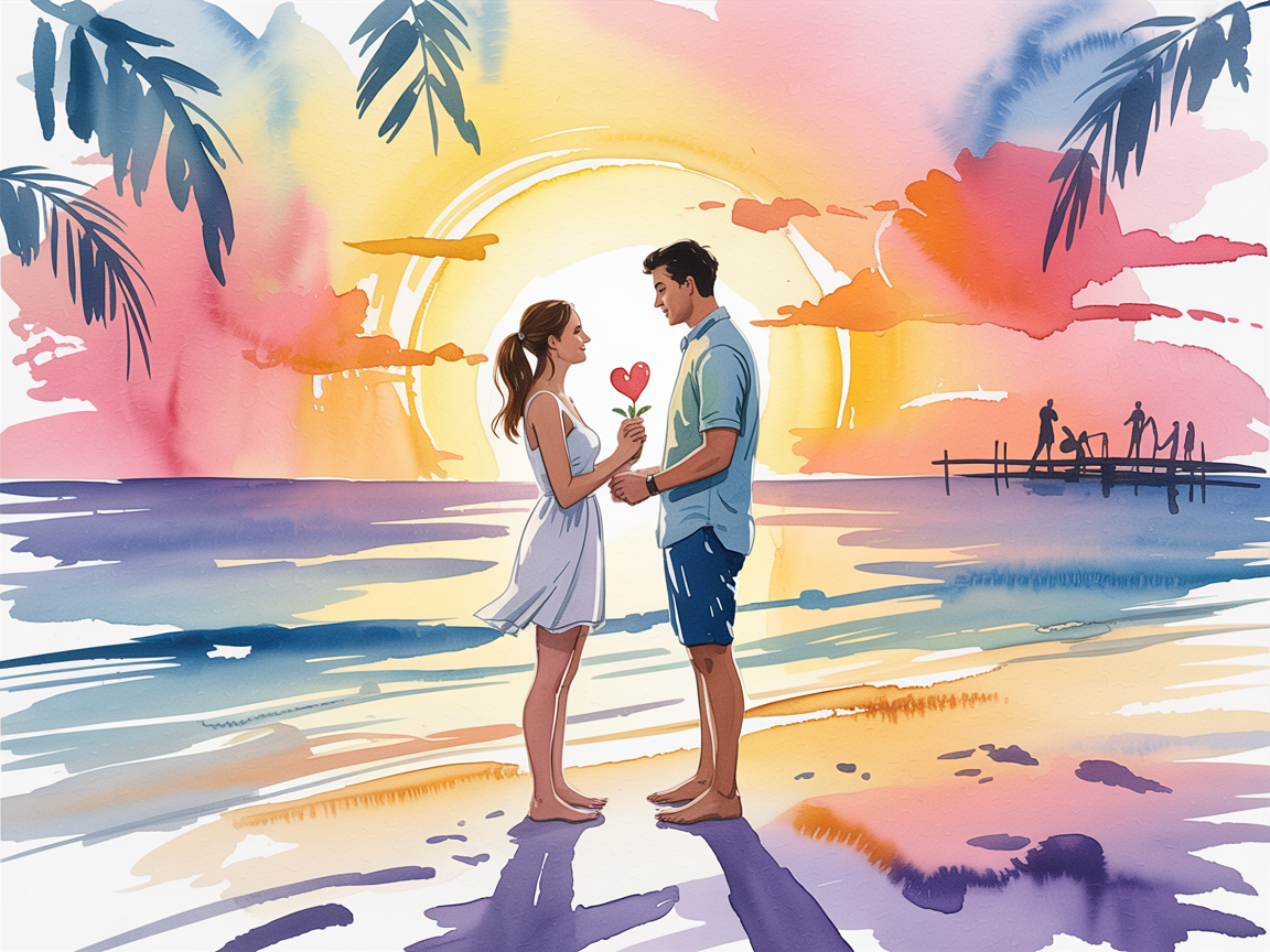 Heartfelt Engagement Drawing Ideas, a watercolor beach sunset with a couple facing each other holding a small heart, framed by palm leaves with a distant pier and soft reflections on the sand.