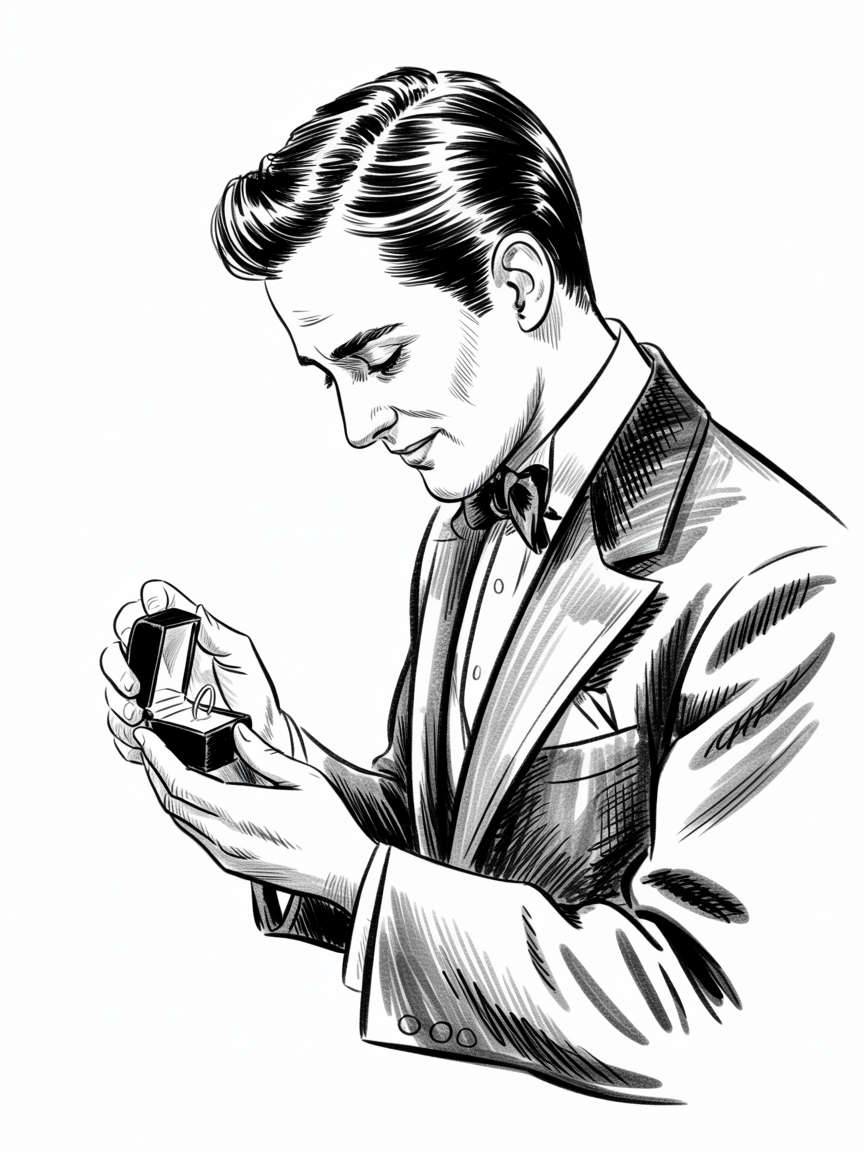 Heartfelt Engagement Drawing Ideas, black and white illustration of a man in a suit looking down at an open ring box holding a ring, with clean linework and crosshatching