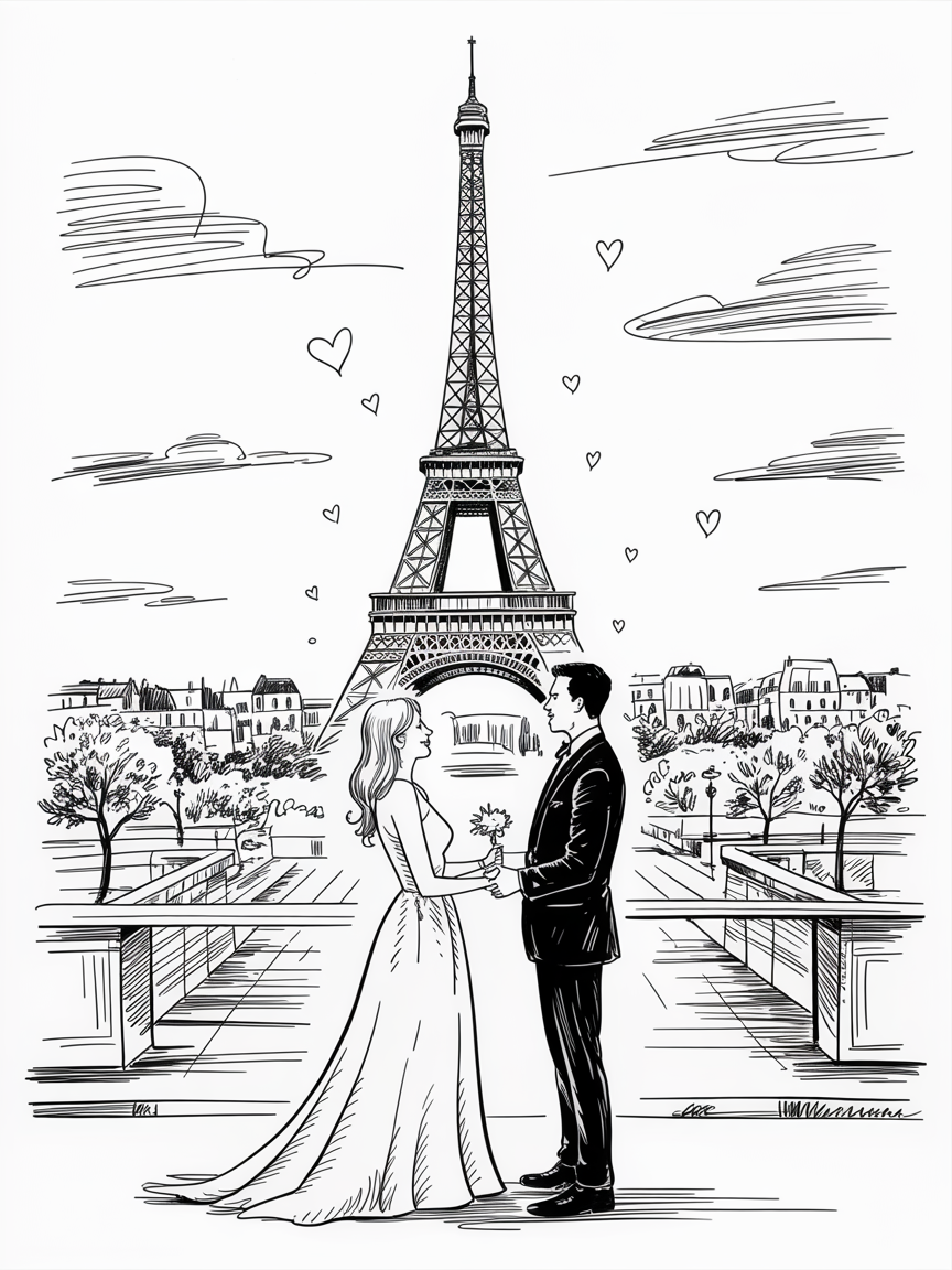Heartfelt Engagement Drawing Ideas: a black-and-white line illustration of a couple holding hands before the Eiffel Tower, with hearts in the sky and a tree-lined promenade.