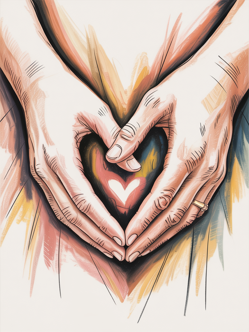 Heartfelt Engagement Drawing Ideas, an illustration of two hands forming a heart shape with a small glowing heart inside, warm pastel strokes and a ring on one finger.