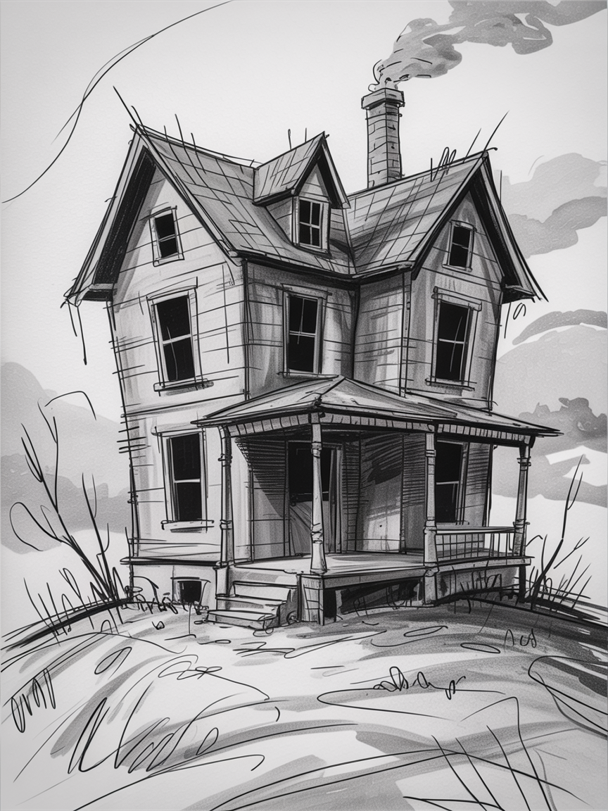 Halloween Drawing Ideas, a crooked old house with steep gables, a smoking chimney, dark porch shadows, and wild grass drawn in black and white.