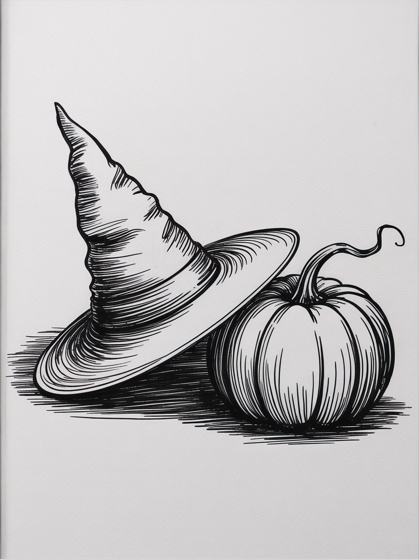 Halloween Drawing Ideas: black ink line drawing of a crooked witch hat beside a small pumpkin, with hatching shadows on a clean white background.