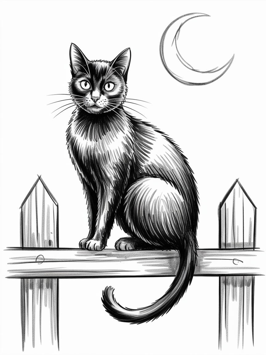 Halloween Drawing Ideas, a black cat sits on a wooden fence under a crescent moon with bold ink shading and bright eyes.