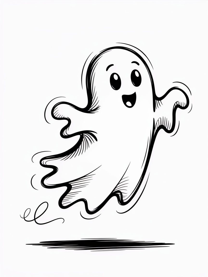 Halloween Drawing Ideas: a cute ghost cartoon in black ink with flowing edges and a small ground shadow on a white background.