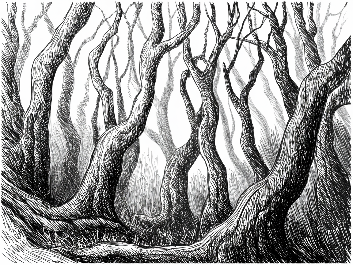 Halloween Drawing Ideas: a black and white ink scene of twisted gnarled trees in a misty forest, with strong crosshatching and high contrast that fade into soft silhouettes in the distance.