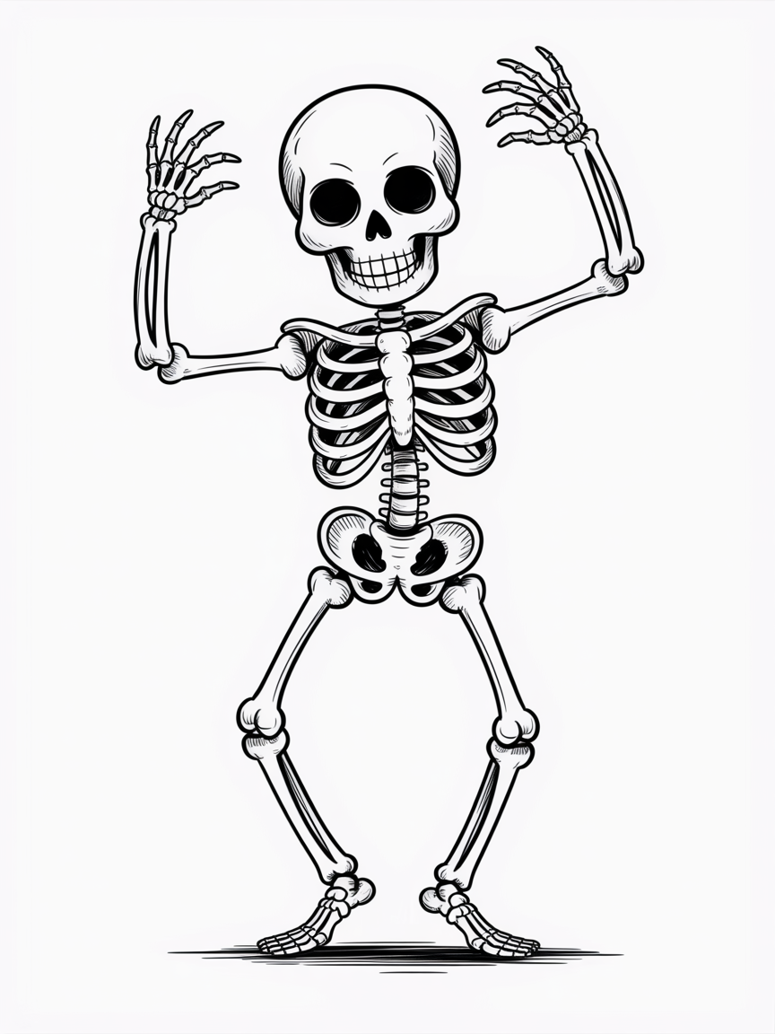 Halloween Drawing Ideas, a cartoon skeleton with raised hands sketched in clean black lines on white with light hatching and a small ground shadow.