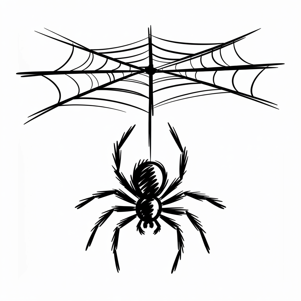 Halloween Drawing Ideas, a black ink sketch of a spider hanging by a thread beneath a simple web on a white background.