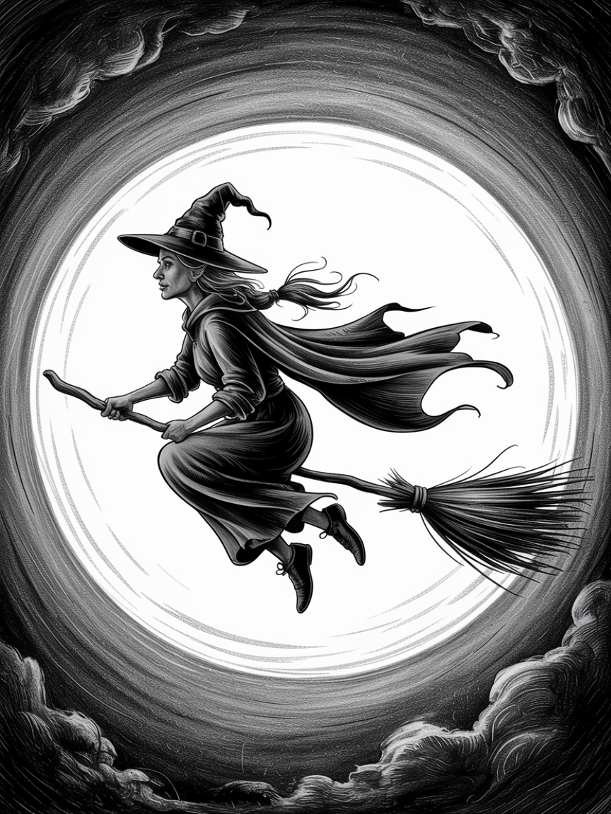 Halloween Drawing Ideas, a monochrome illustration of a witch riding a broom across a glowing moon, framed by swirling clouds with bold contrast and textured hatching.