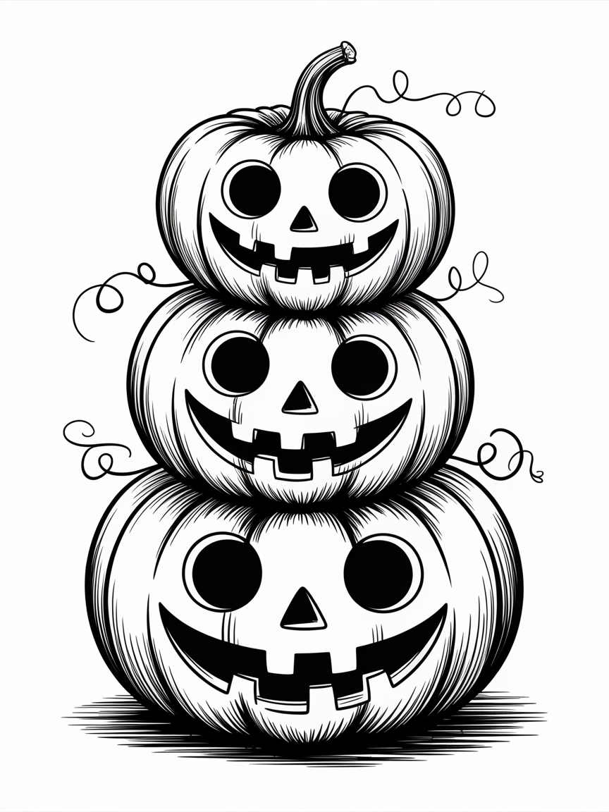 Halloween Drawing Ideas: black and white illustration of three stacked jack-o'-lanterns with curling vines and bold inky shading.