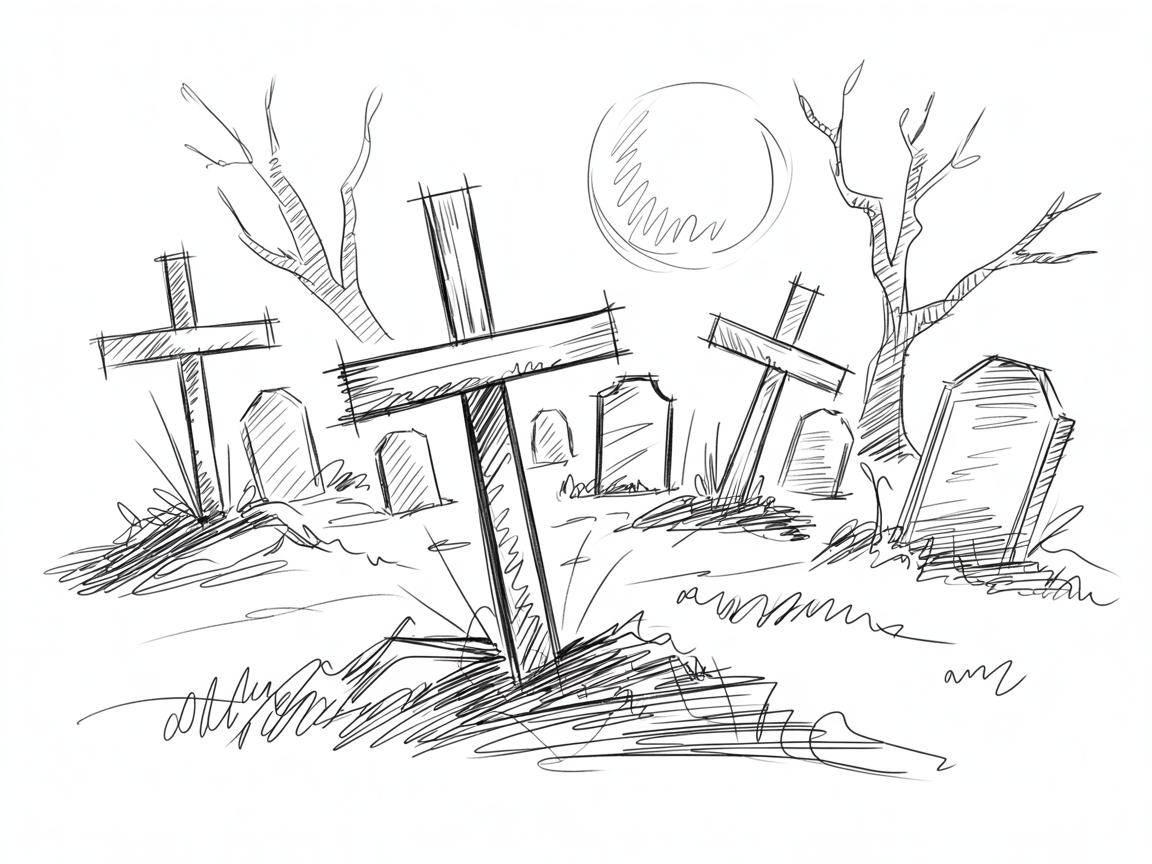 Halloween Drawing Ideas, a moonlit graveyard sketch with tilted wooden crosses, bare trees, and scattered headstones drawn in loose hatching.