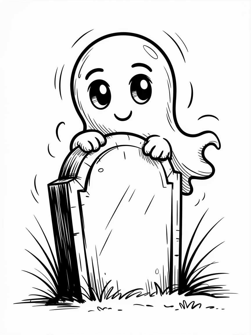 Halloween Drawing Ideas, a cute cartoon ghost peeks over a rounded headstone in a black and white line drawing with grass at the base.