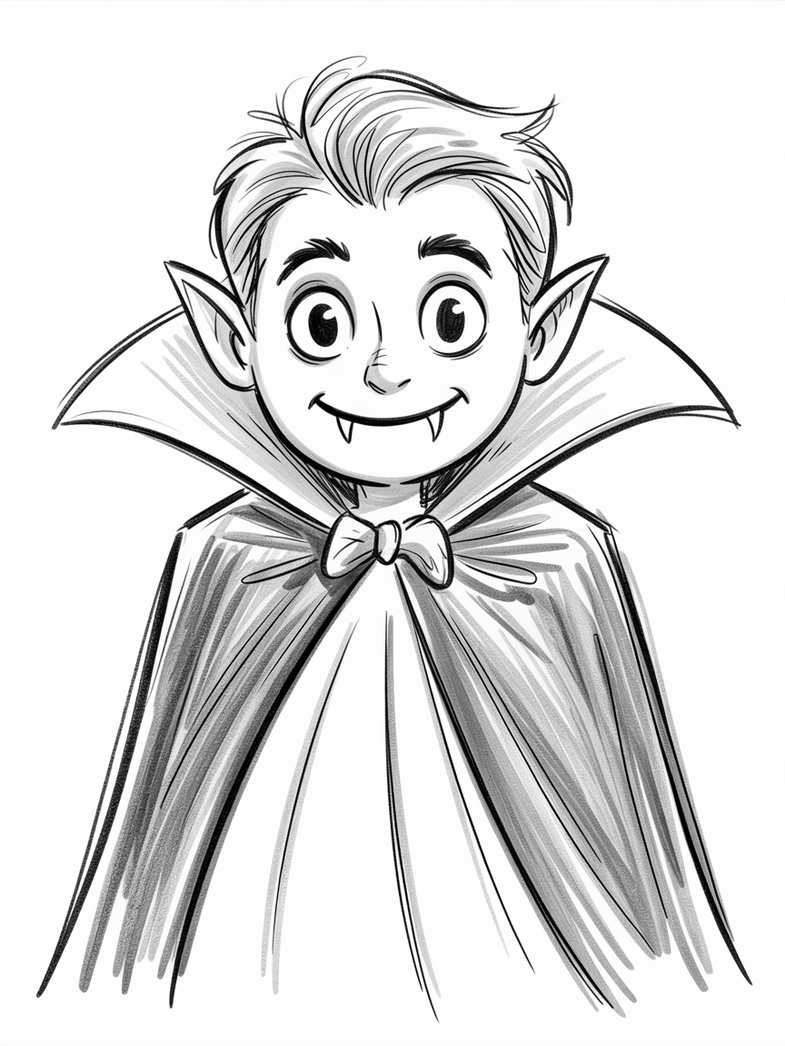 Halloween Drawing Ideas, a black and white sketch of a cute young vampire with big eyes, pointy ears, and a flowing cape with a bow.