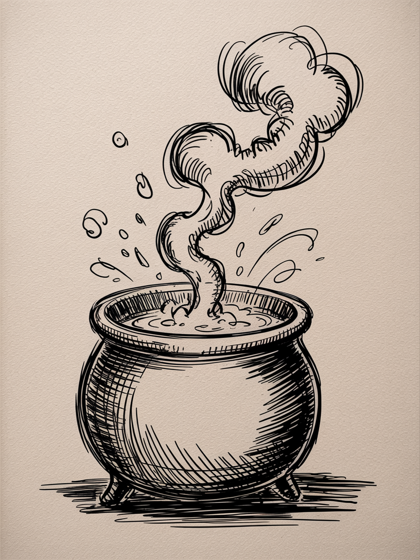 Halloween Drawing Ideas: a bold ink sketch of a bubbling cauldron with curling steam and splashes on textured paper.