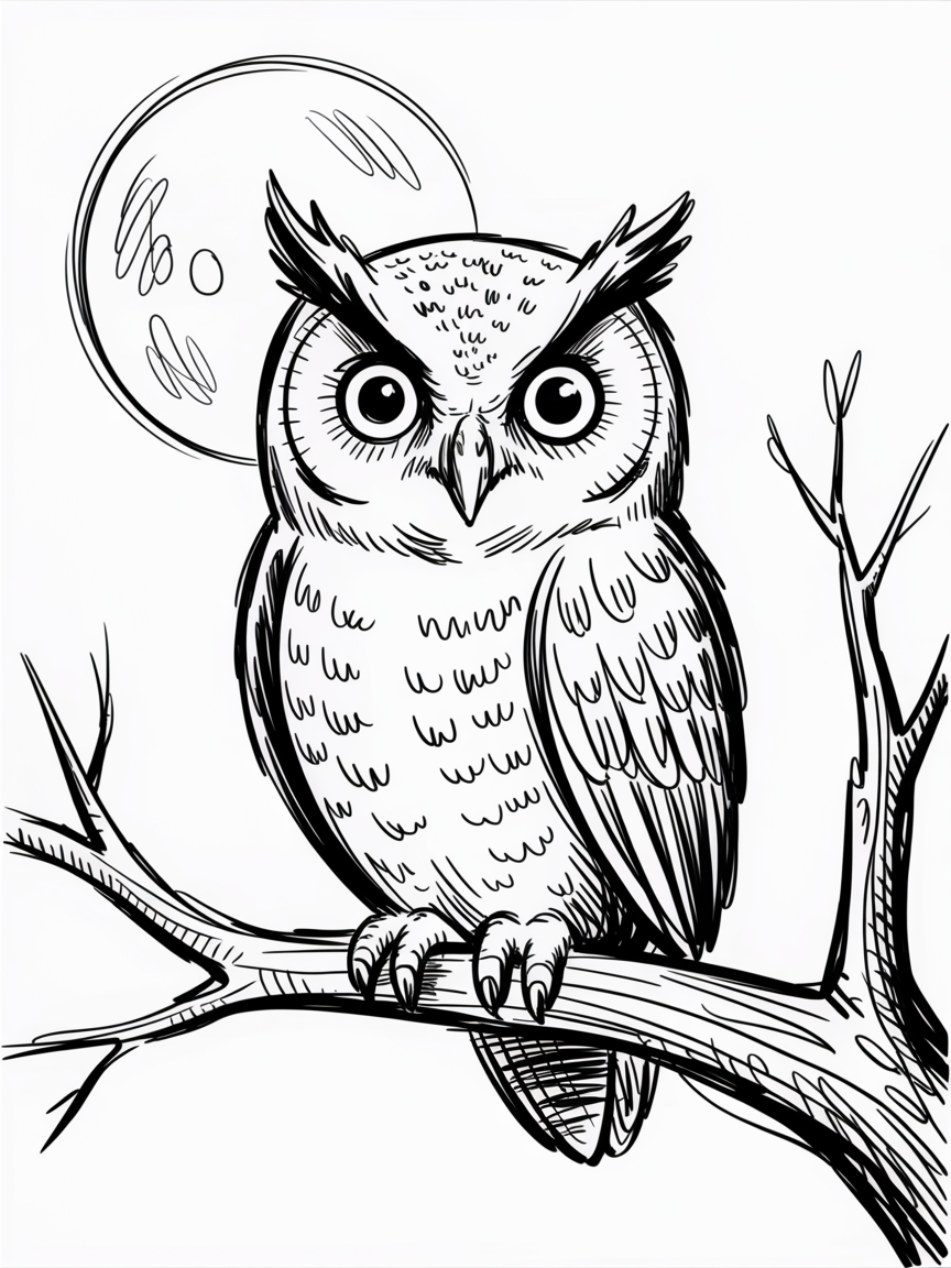 Halloween Drawing Ideas, a wide-eyed owl perched on a bare branch with a full moon behind, drawn in clean black and white lines.