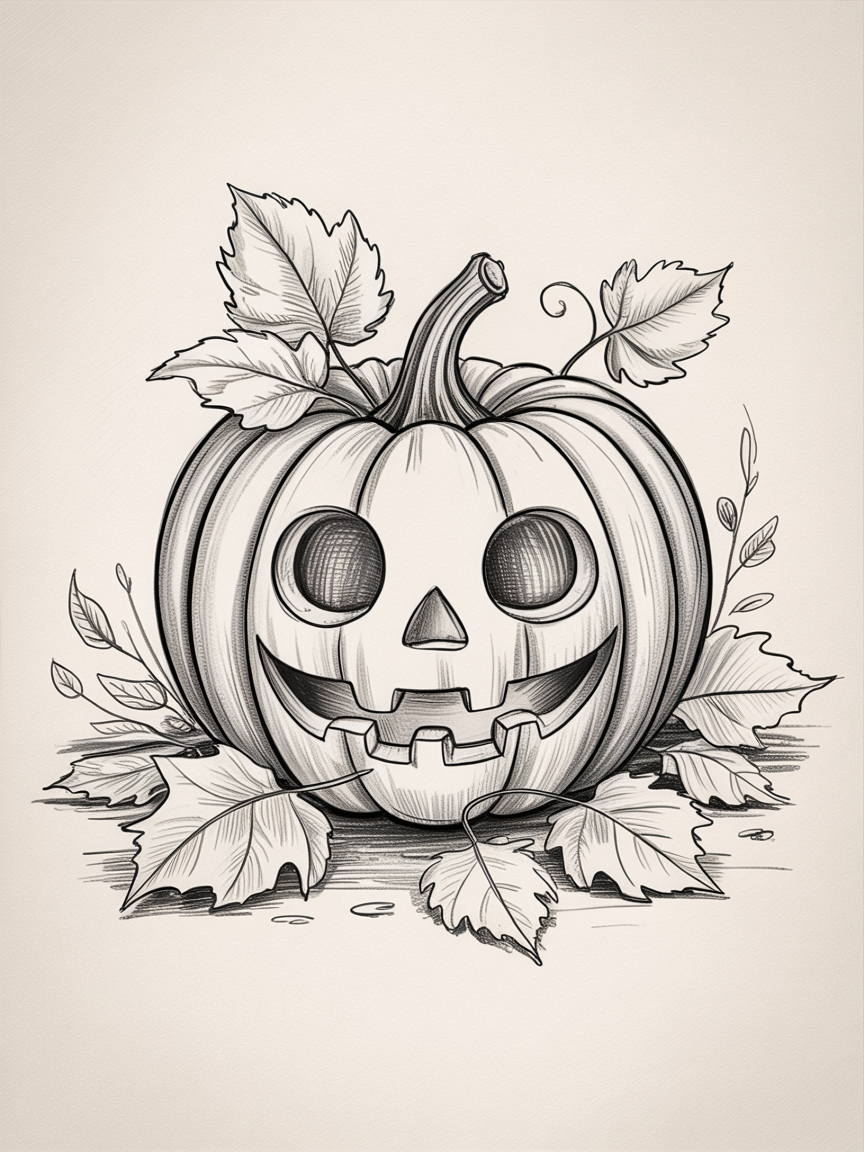 Halloween Drawing Ideas, a black and white sketch of a carved pumpkin with a happy face, curling stem, and autumn leaves around it.