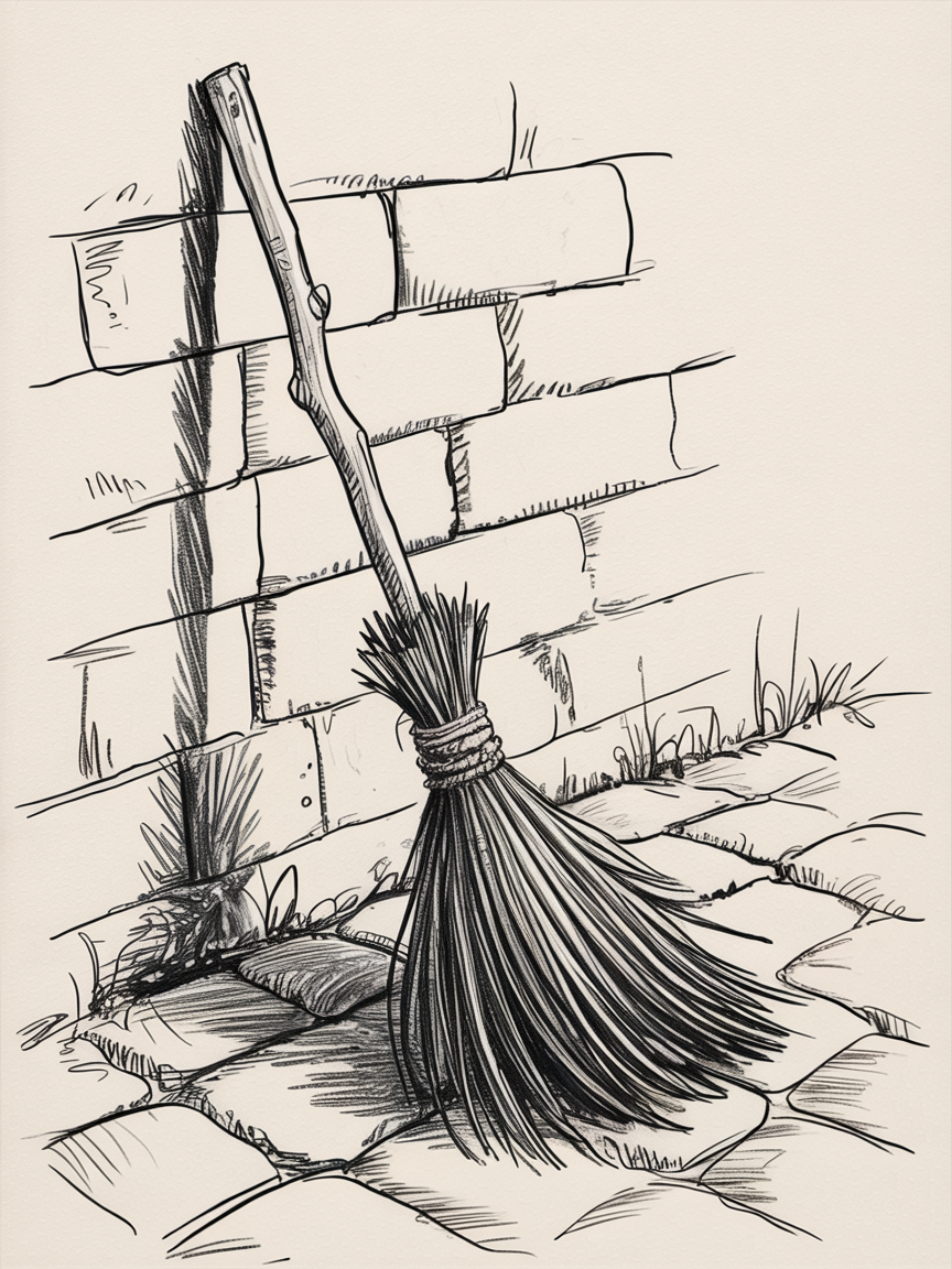 Halloween Drawing Ideas broom leaning against a stone wall on cracked cobblestones with small weeds, sketched in black lines with strong shadows.