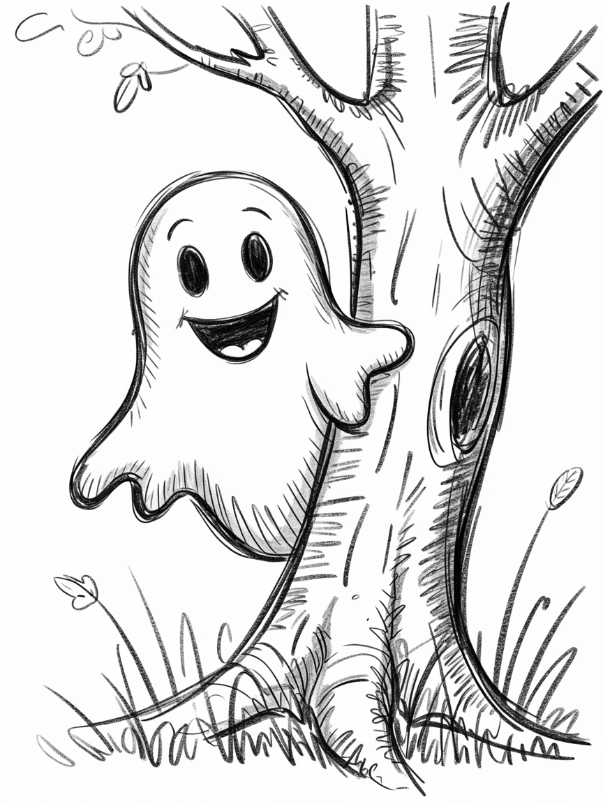 Halloween Drawing Ideas, a friendly cartoon ghost peeks from behind a tree trunk with sketchy bark and grass in a black and white drawing.