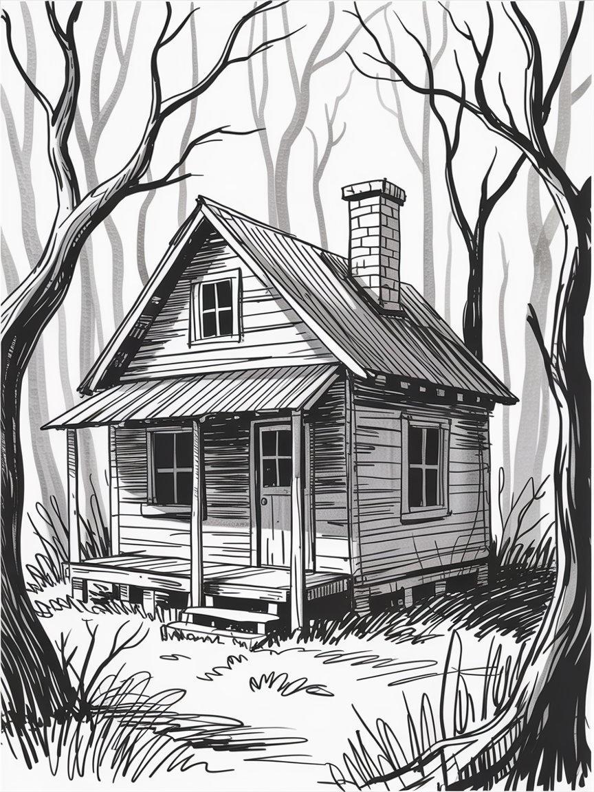 Halloween Drawing Ideas features a small wooden cabin in a leafless forest, drawn in black and white with twisting trees and deep shadows.