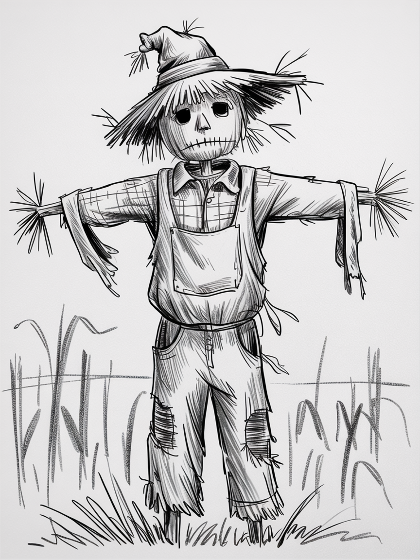 Halloween Drawing Ideas, a black and white sketch of a patchwork scarecrow with a floppy hat, stitched mouth, and straw hands standing in a field with simple grass lines