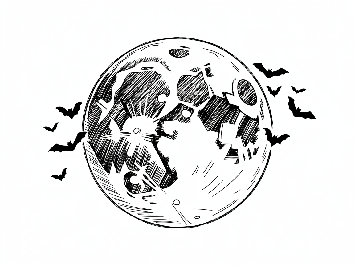 Halloween Drawing Ideas: a hand-drawn moon shaded with crosshatching, surrounded by flying bat silhouettes on a white background.