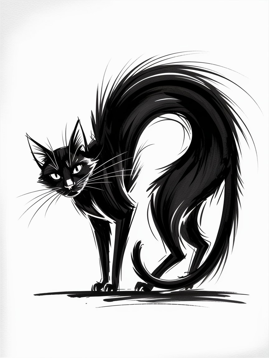 Halloween Drawing Ideas: A stylized black cat with an arched back, sharp whiskers, and sweeping brushy fur on a white background.