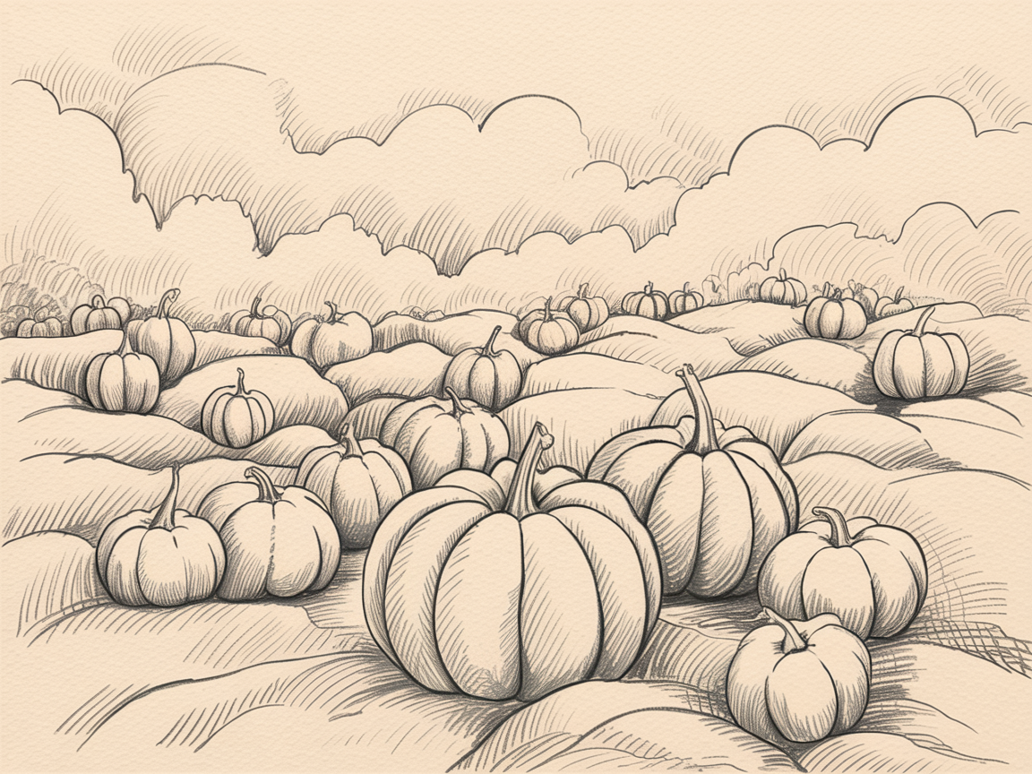 Halloween Drawing Ideas: a sepia-toned line sketch of a pumpkin patch on rolling hills with many pumpkins, soft clouds, and hatched shadows.