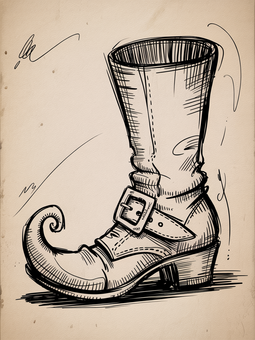 Halloween Drawing Ideas: an ink sketch of a curled-toe witch boot with a buckle and short heel on aged paper, with crosshatching shadows and playful swirls.