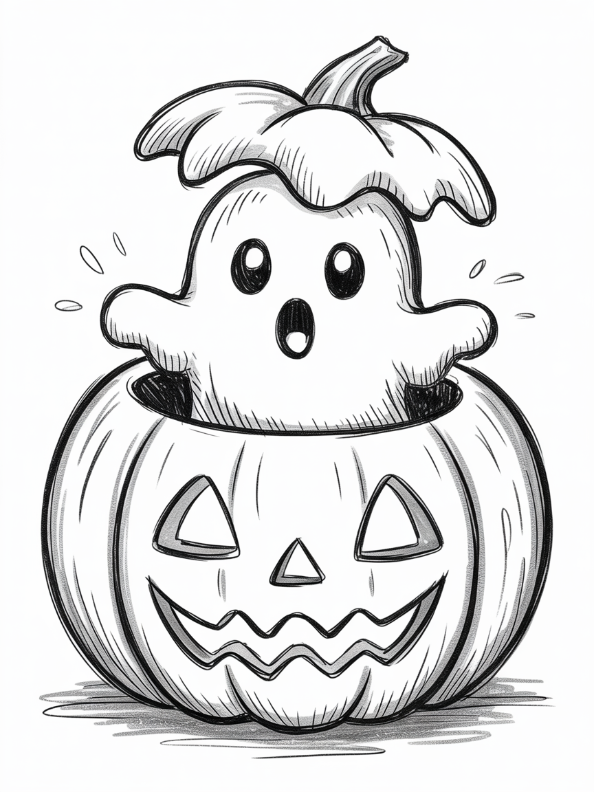 Halloween Drawing Ideas: a cute ghost pops out of a carved jack-o'-lantern in a black and white sketch, with the lid like a hat.
