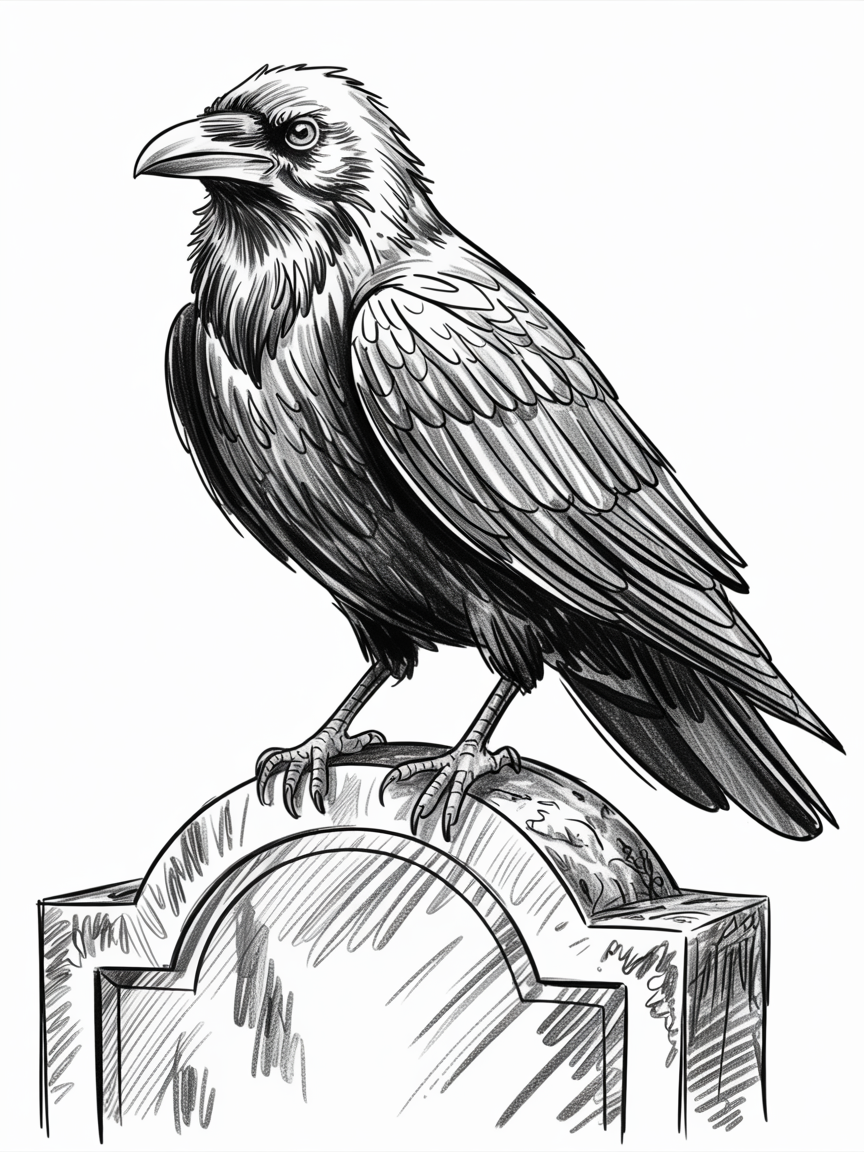 Halloween Drawing Ideas: a raven perched on a weathered gravestone in a black and white sketch, with layered feathers and bold shadows.