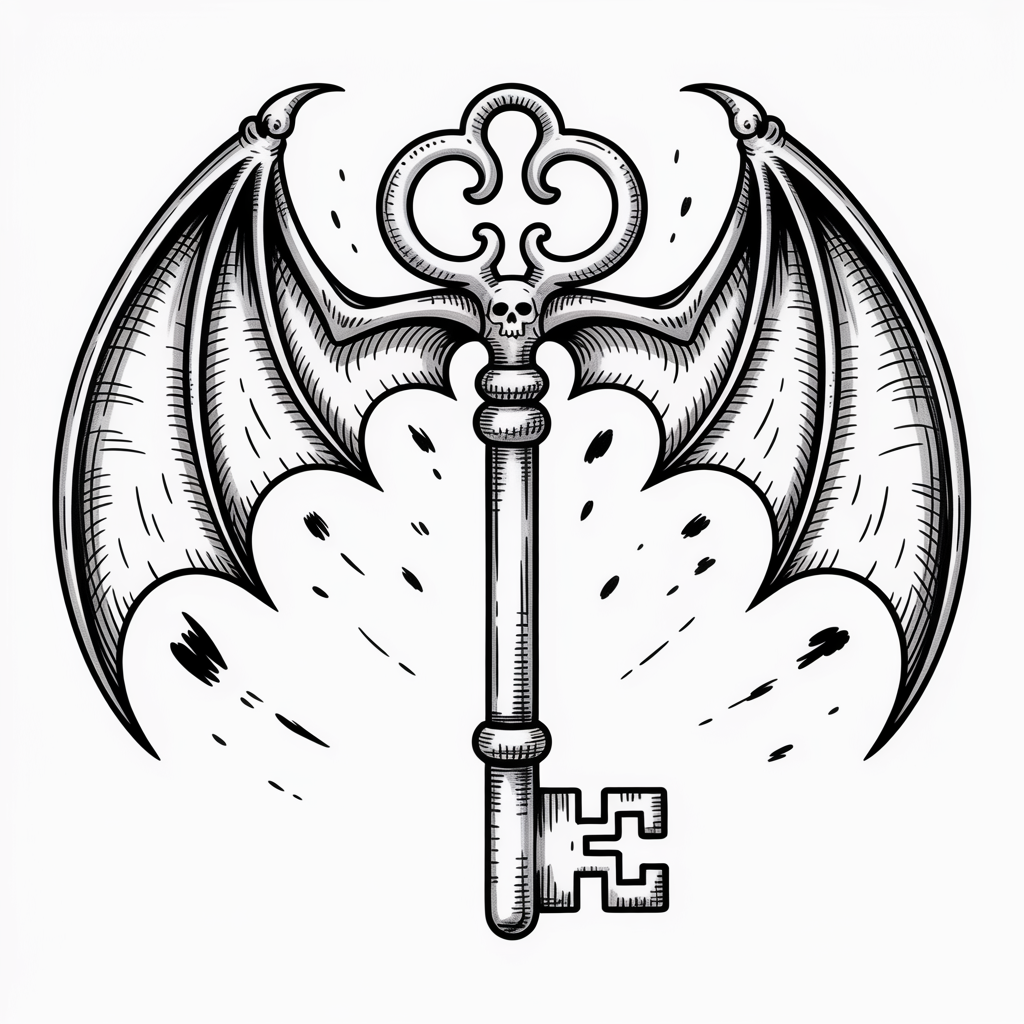 Halloween Drawing Ideas, a black and white illustration of a gothic key with bat wings and a small skull detail, shaded with crosshatching and ink splatter accents.
