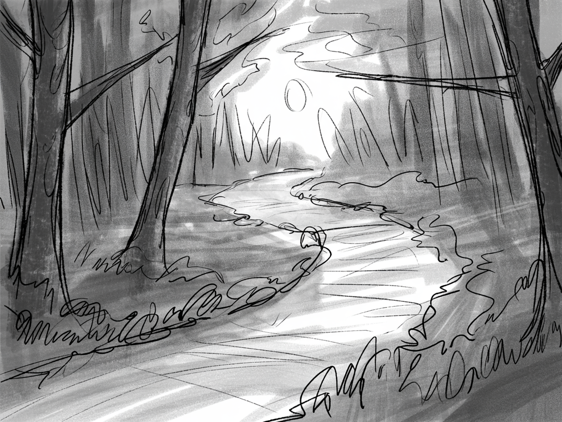 Halloween Drawing Ideas, a grayscale sketch of a winding forest path framed by tall trees with a bright glow in the distance.