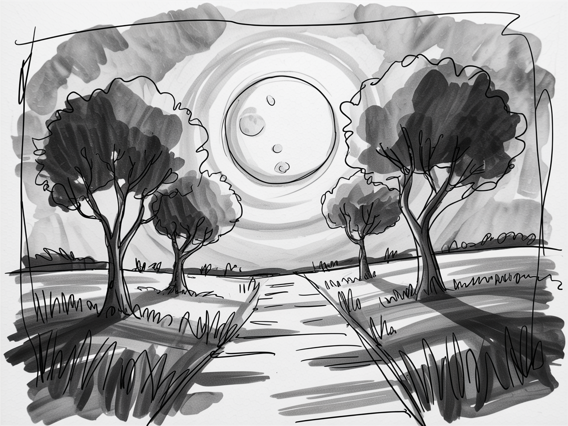 Halloween Drawing Ideas, a monochrome sketch of a moonlit path lined with trees, a large full moon with a halo, and long shadows across open fields.