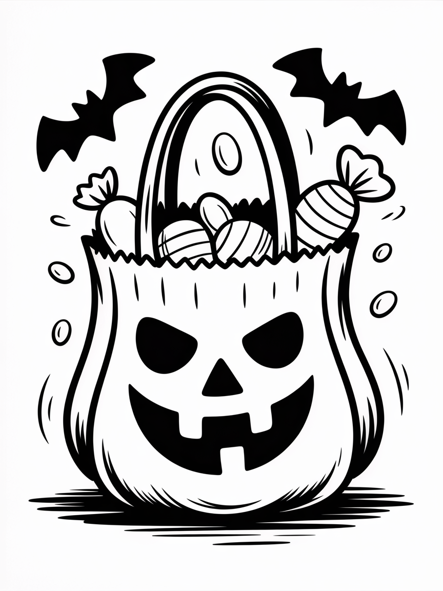 Halloween Drawing Ideas, a bold black-and-white drawing of a jack-o'-lantern treat bag filled with candies, with bats flying above and motion lines around it.